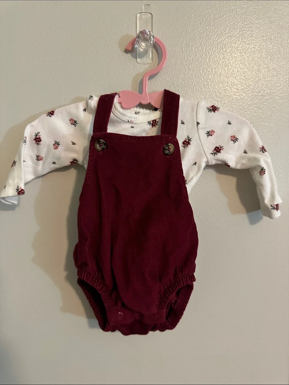 Carter's Burgundy Corduroy Overall Romper with White Floral Top